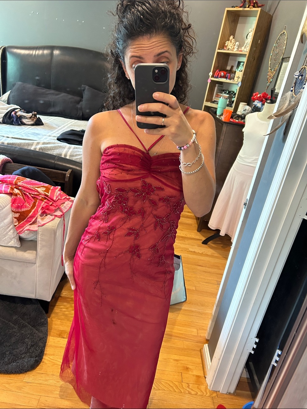 BCBGMaxAzria Crimson Beaded Sheer-Overlay Cocktail Dress